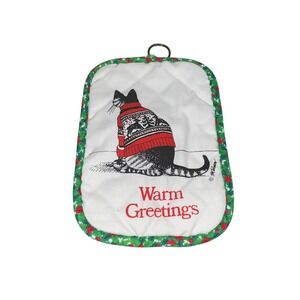 Vintage Christmas Cat Pot Holder Warm Greetings Holiday Kitchen Decor